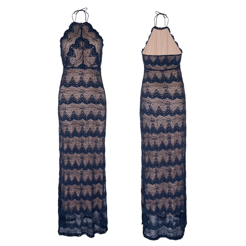 NWT $498 NIGHTCAP Anthropologie "Monaco" navy tan lace maxi dress gown L - Picture 2 of 8